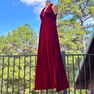 Vintage 60s Blood Red Velvet + Rhinestone Statement Collar Empire Maxi Dress